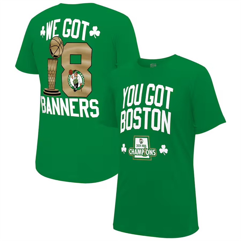 Men's Boston Celtics Kelly Green 2024 Finals Champions 18 Banners T-Shirt Men's Boston Celtics Kelly Green 2024 Finals Champions 18 Banners T-Shirt